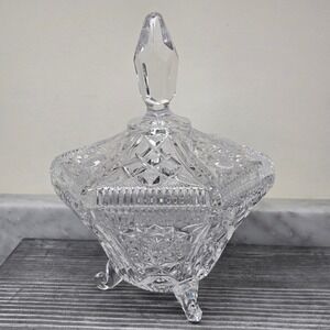 Vintage Hexagonal Cut Lead Crystal Lidded Candy Dish 3 Footed Compote Finial Top